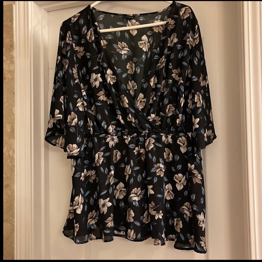 Torrid 2 Black with flower v-neck blouse, gently loved